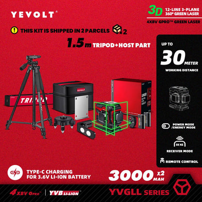 Nível a Laser Verde YEVOLT Série YVGLL4XS12T 3 Planos 12 Linhas Autonivelante 360 3D Horizontal & Vertical Ferramentas de Medição de Energia