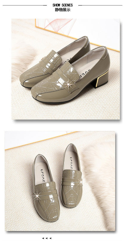 4.5cm British Style Deep Mouth Block Heels Shoes Women Loafers Bright Leather 2024 Spring Soft Leather Shoes for Office Mom