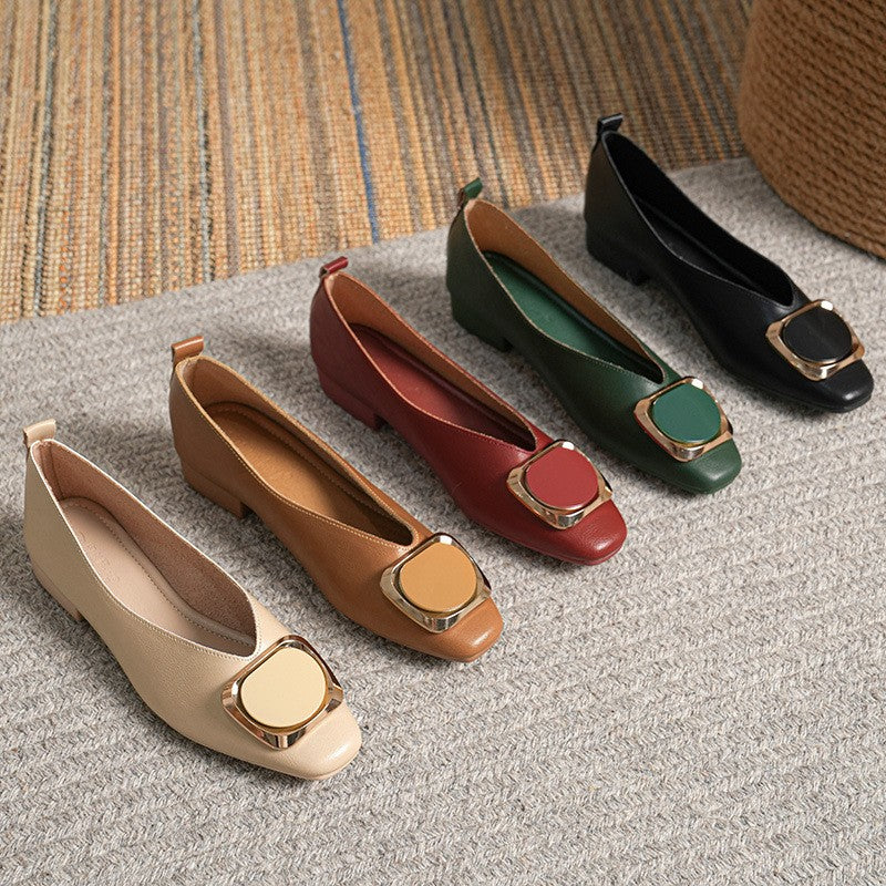 Woman Summer Casual Square Toe Cute Metal Mary Janes Buckle Ballerina Flats Female Bling Elegant Low Heeled Soft Soled Shoes