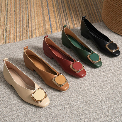 Woman Summer Casual Square Toe Cute Metal Mary Janes Buckle Ballerina Flats Female Bling Elegant Low Heeled Soft Soled Shoes