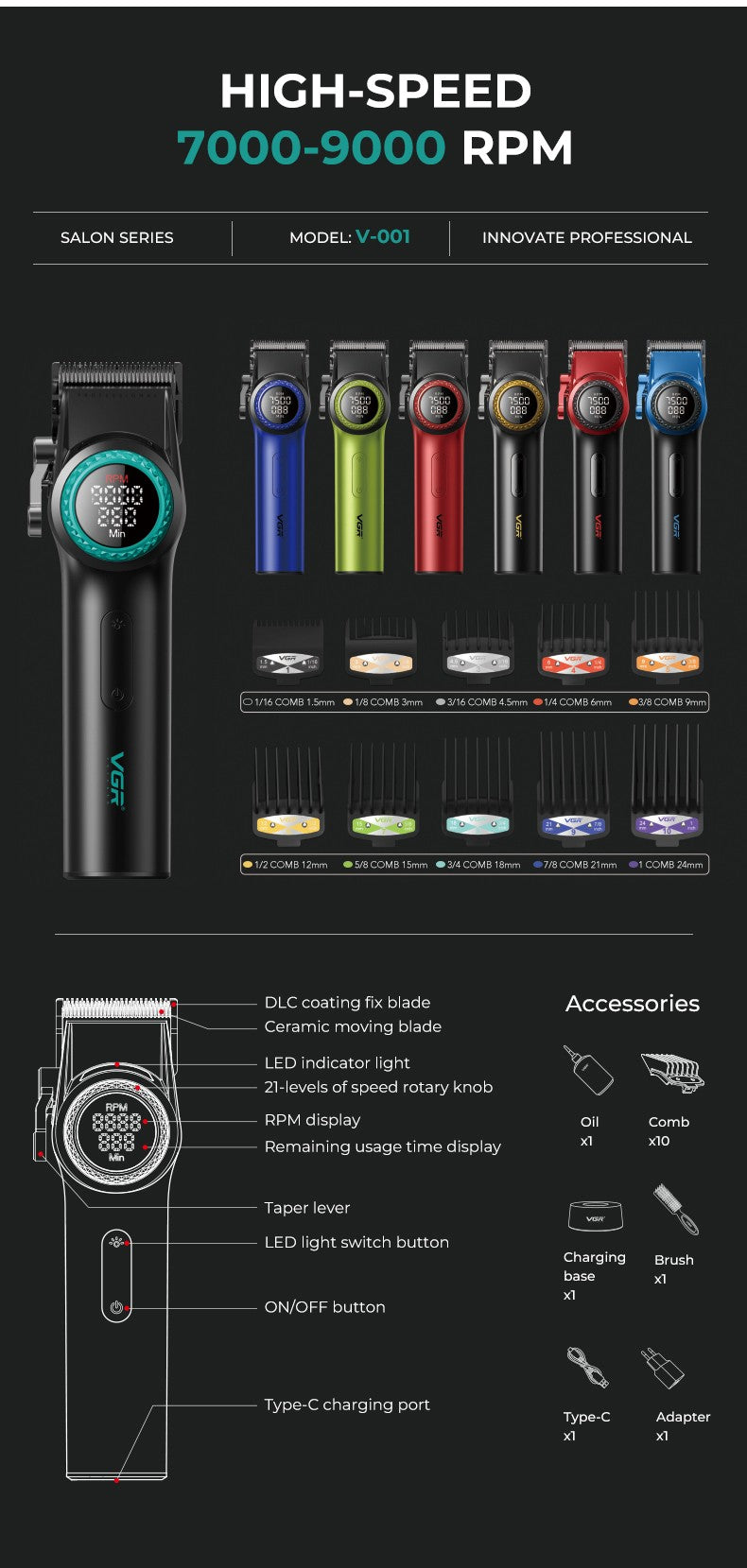 VGR 001 977 new hair trimming set high-end men's hair clipper intelligent digital display electric pusher carving and whitening