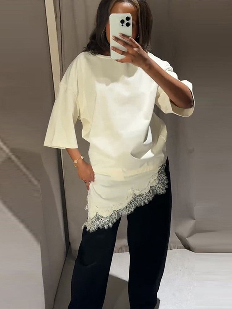 Fashion Lace Patchwork Mid Sleeve Tops for Women Elegant O Neck Loose Female T-shirt Spring New Lady Solid Shirts High Street