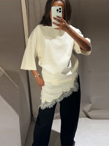 Fashion Lace Patchwork Mid Sleeve Tops for Women Elegant O Neck Loose Female T-shirt Spring New Lady Solid Shirts High Street