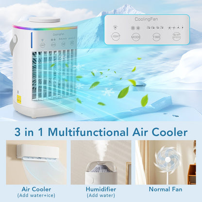 Mini climatizador portátil de 4 velocidades para mesa com temporizador, ventilador de resfriamento, spray de água, USB, para escritório e casa