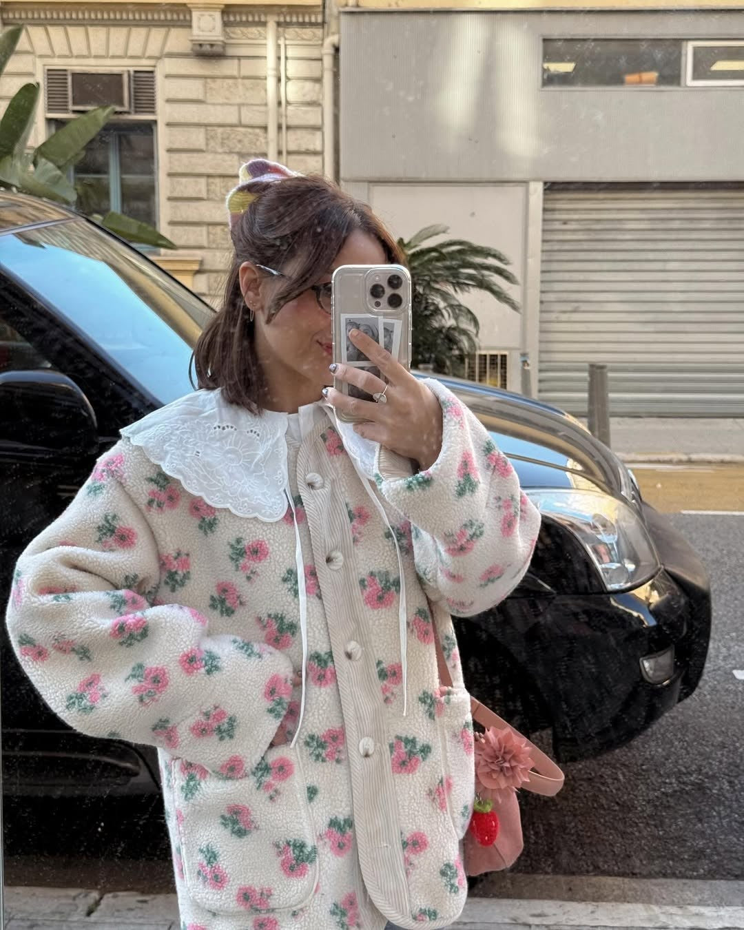 Casual Printed Short Fleece Jacket Women Fashion Round Neck Single Breasted Pocket Loose Jackets Lady Daily Commute Office Coat