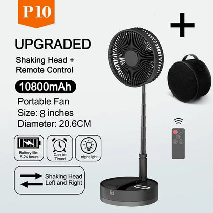 P10 10800mAh Folding Portable Fan USB Remote Control Air Cooler Silent Rechargeable Wireless Floor Standing Fan for Camping Desk