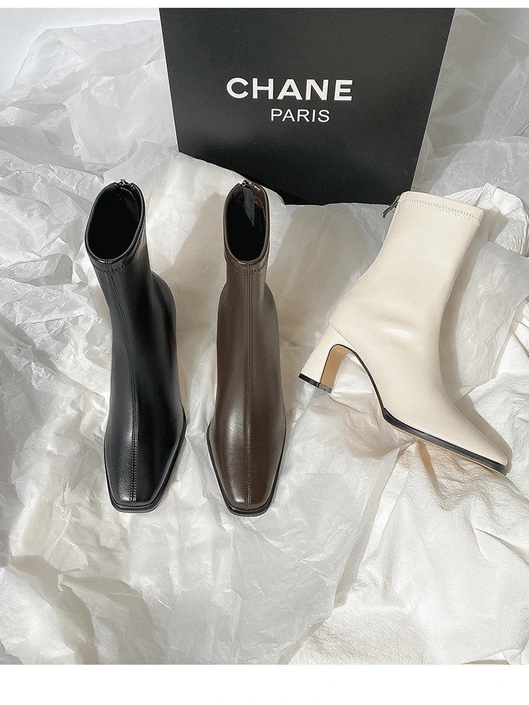 Autumn and Winter New Brown Short Boots with Velvet Coarse Heel French Ankle Boots and Back Zipper Square Head Boots