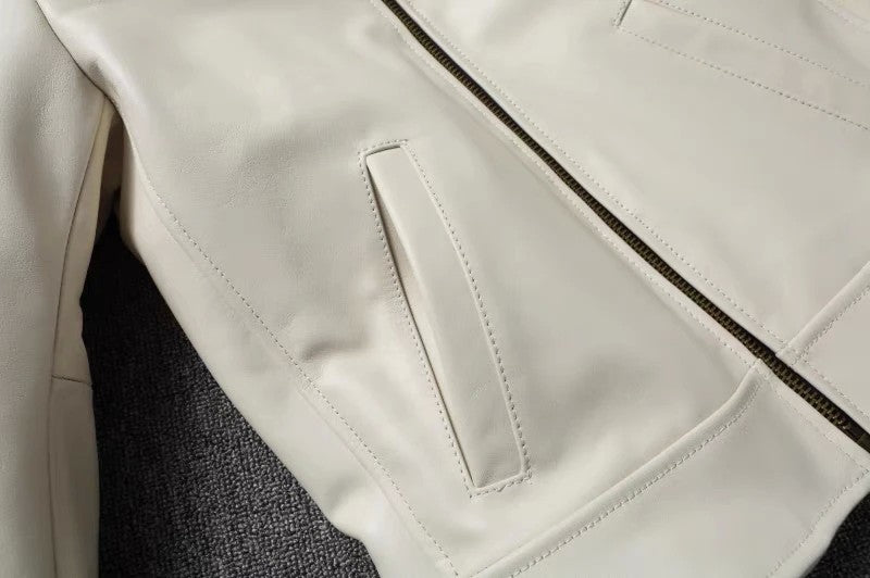 Men's Genuine Leather Jacket White Lapel Calfskin Jacket Natural Cowhide Men's Coat Slim Fit Top Layer Cowhide Biker Jacket
