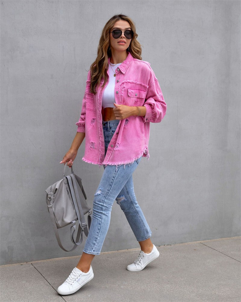 2023 Holes Raw-edges Denim Jacket Women Spring Autumn Shirt Style Jeancoat Casual Top Rose-Red Orange Purple Outerwear Lady Coat