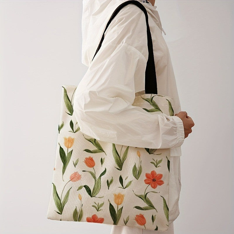 Floral Letter Pattern Printed Tote Bag Fashionable Reusable Shoulder Bag Polyester Handbag Lightweight Casual Shopper Bag