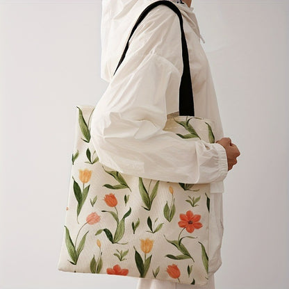 Floral Letter Pattern Printed Tote Bag Fashionable Reusable Shoulder Bag Polyester Handbag Lightweight Casual Shopper Bag