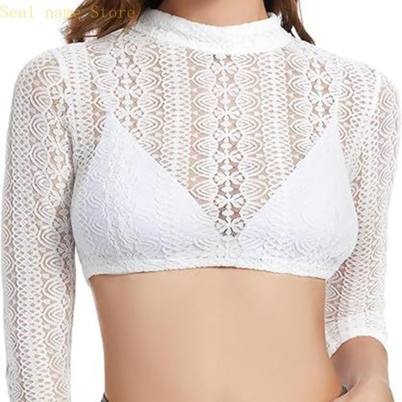 R7UD Bavarian 3/4 Sleeve Mock Neck Dirndl Blouse White Lace Oktoberfest Top for Women