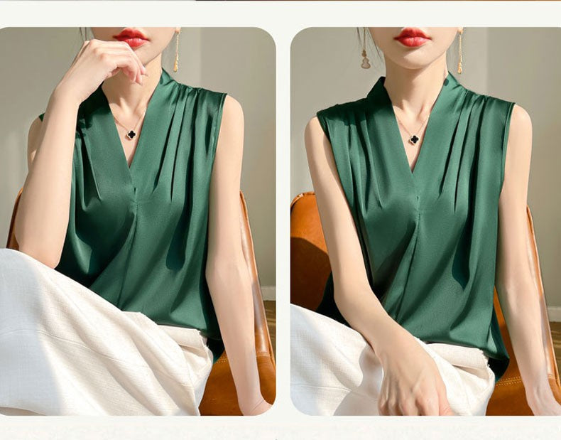 Womens Tops Blouses Solid Color White Satin Blouse Office Shirt Blusas Sleeveless Women Shirts Black White Female YTM A31