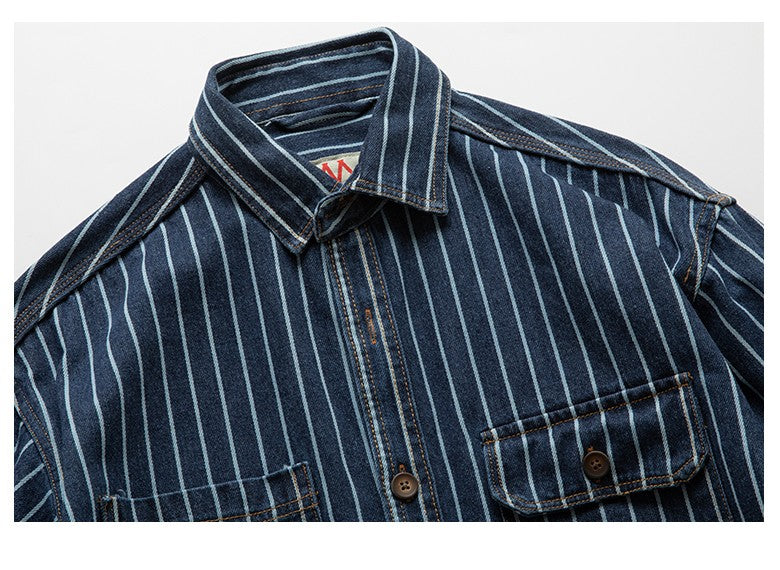 American Retro Workwear Long Sve Denim irt Loose Casual Striped ket irt Youth Trend Autumn Wear Iron Free