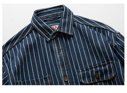 American Retro Workwear Long Sve Denim irt Loose Casual Striped ket irt Youth Trend Autumn Wear Iron Free