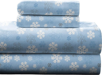 Heavy Weight Flannel Sheet Set 100% Cotton Snow Flakes Print Cal King Size Deep Pocket
