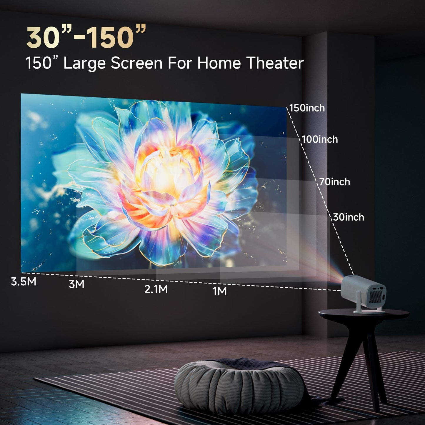 HONGTOP Android 14 P30PRO Supports 720p Screen Mirroring Smart Projector 4K WiFi6 Smart Home Theater Outdoor Portable Projector
