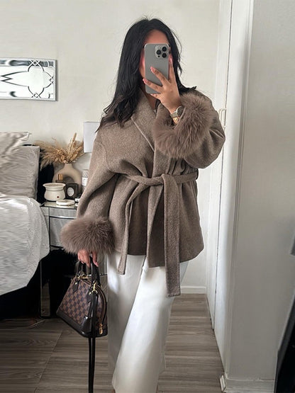 Lace-Up Short Overcoat Women's Coat Office Lady Elegant Woolen Furry Patchwork Long Sleeve Coats 2025 New Loose Cardigan Jackets