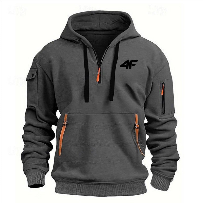 2025 Men's hooded sweater casual sports jumper vintage Harajuku long sleeve zipper multi-pocket casual loose coat Street