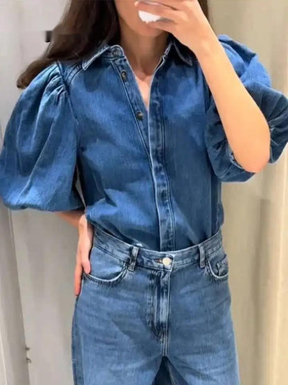 Fashion Denim Women Short Shirt Lapel Half Puff Sleeve Pleated Turn-down Collar Solid Female Top Spring Summer Lady Shirts M8WQ