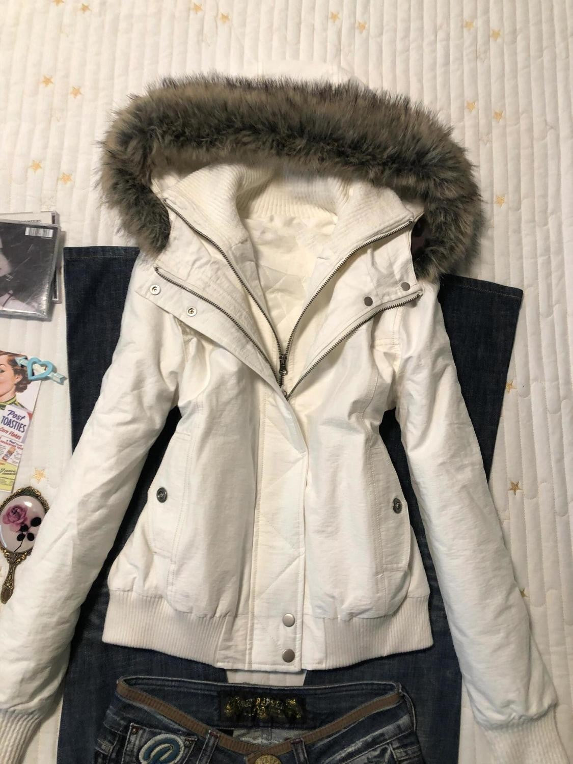 New autumn and winter retro pure white fur collar hooded jacket for women Y2k Harajuku slim personality street short jacket