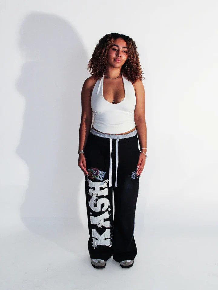 Calça de Moletom Y2K Masculina Feminina Gótica Hip Hop Americana com Patch de Letras Y2K Dupla Camada Larga Elástica na Cintura Calça Jogger Casual