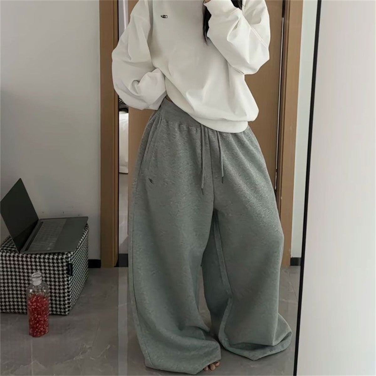 Oversize Woman Grey Black Sweatpants Y2K Korean Streetwear Loose Casual Jogger Pants High Waist All Match Drawstring Trousers