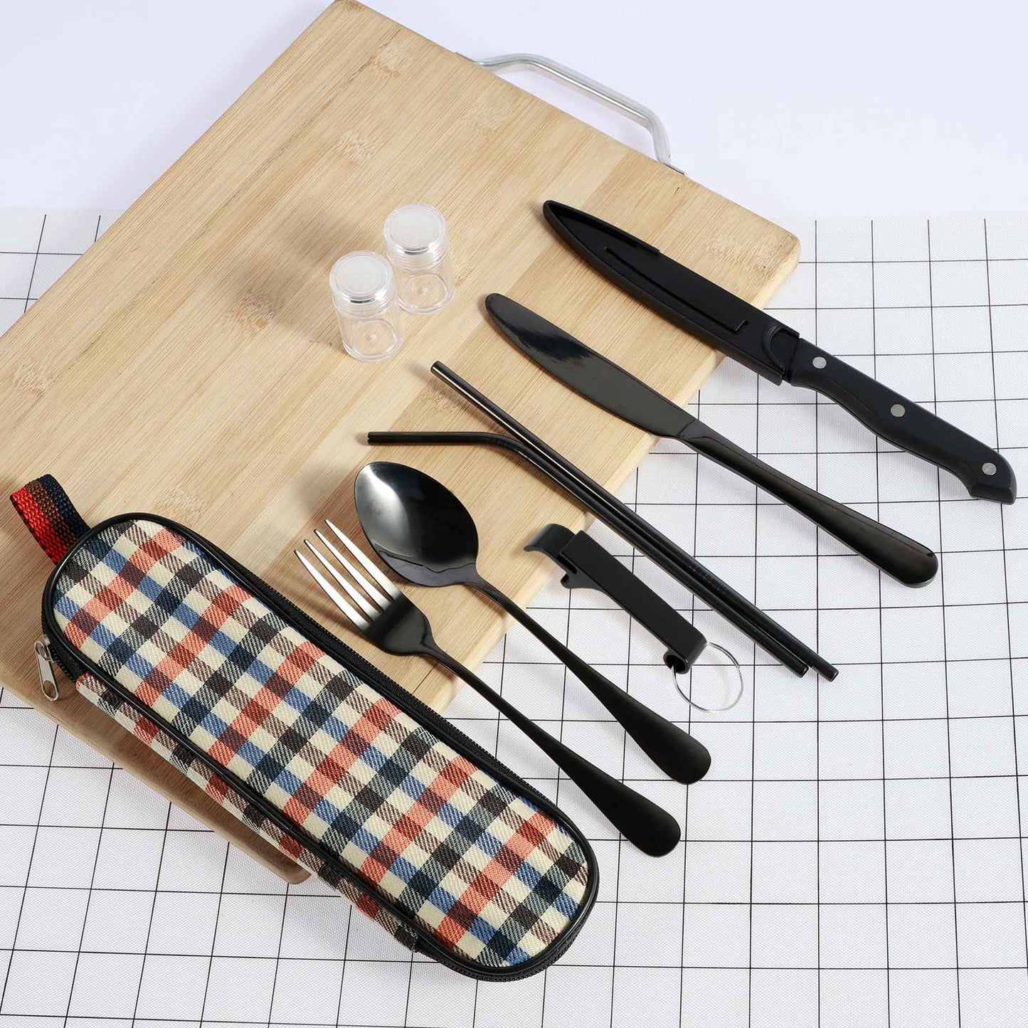 Kit de Talheres de Viagem 10 Peças com Bolsa de Armazenamento Talheres de Viagem de Aço Inoxidável Kit de Utensílios Portátil para Acampamento Kit de Talheres de Viagem