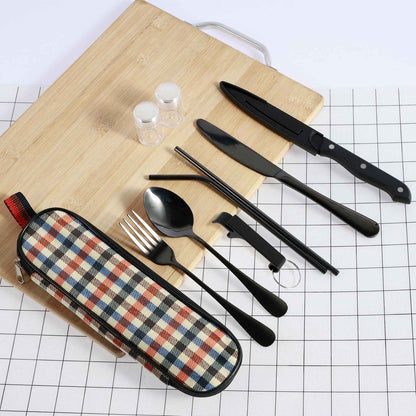 Kit de Talheres de Viagem 10 Peças com Bolsa de Armazenamento Talheres de Viagem de Aço Inoxidável Kit de Utensílios Portátil para Acampamento Kit de Talheres de Viagem
