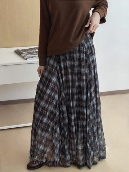 Mesh splicing color blocking plaid midi skirt for women in autumn 2025, new high waisted drape pleated loose umbrella skirt