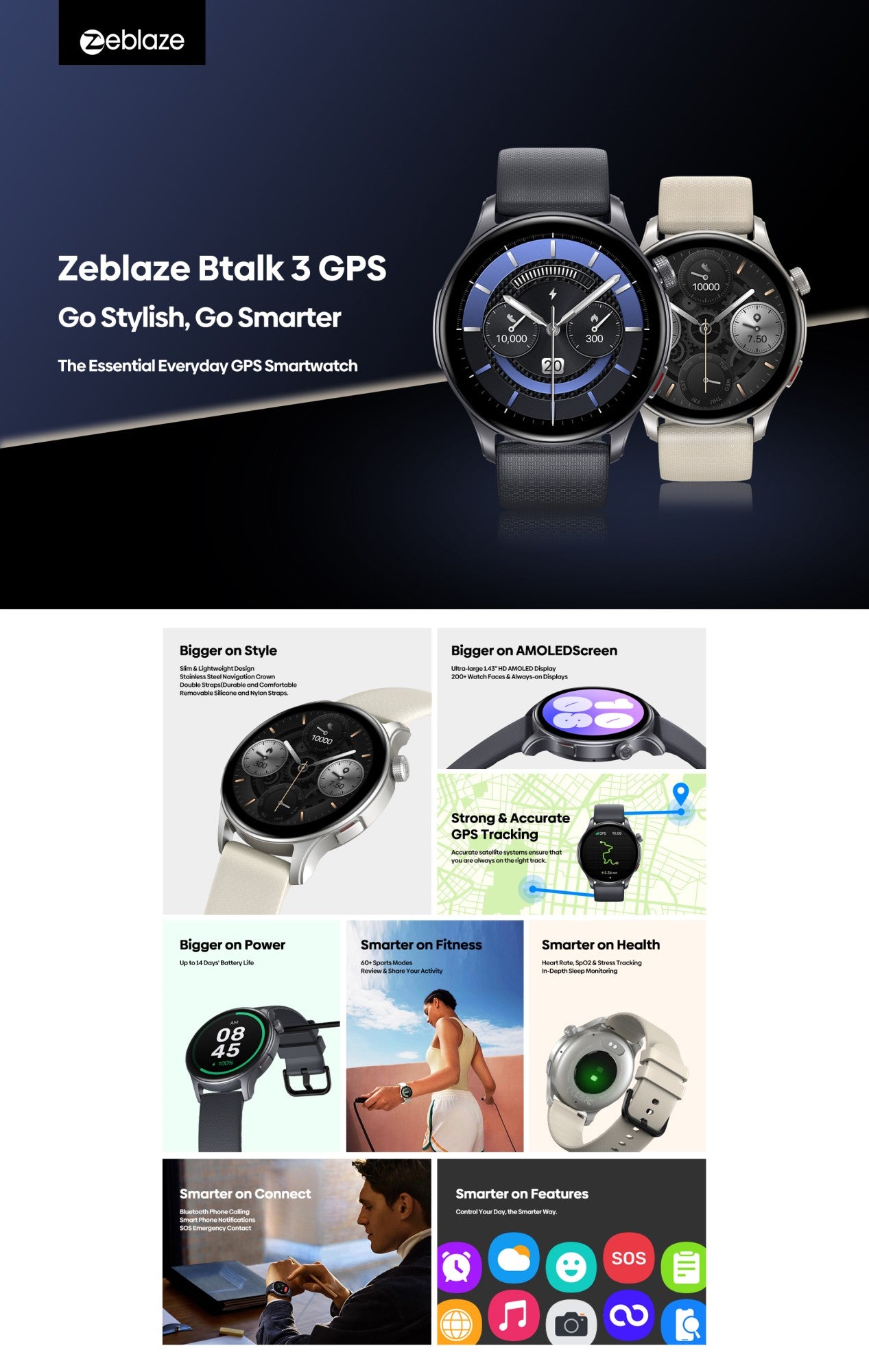 Novo Zeblaze Btalk 3 GPS Smartwatch Tela AMOLED de 1,43" Dupla Pulseira Chamada Bluetooth Relógio Esportivo Monitoramento de Frequência Cardíaca SpO2 Estresse