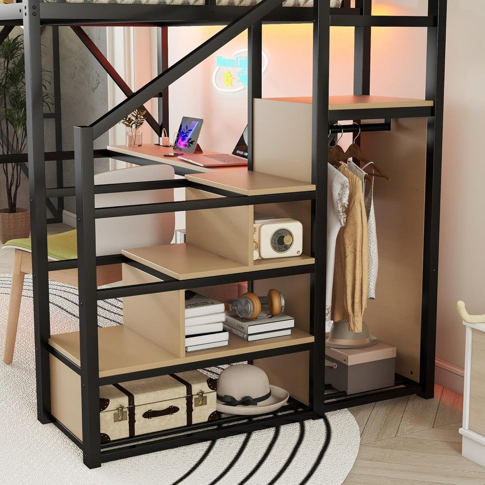 Cama Alta Gamer com Escadas e Escrivaninha, Estrutura de Cama Alta de Metal com Prateleira Lateral e Luz, Camas Altas para Adultos Reforçadas