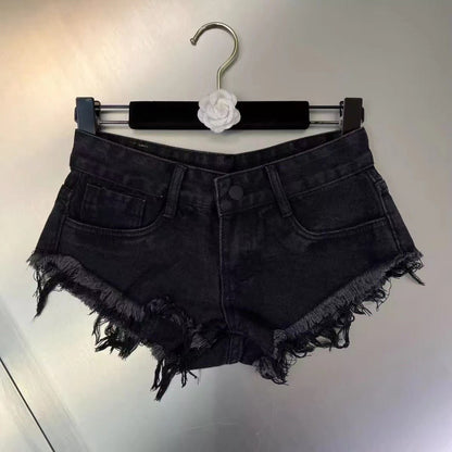 Slimming Skinny Denim Hot Pants - Vintage Wash Ultra Low-Rise Distressed Y2K Sexy Shorts for Baddie Street Style