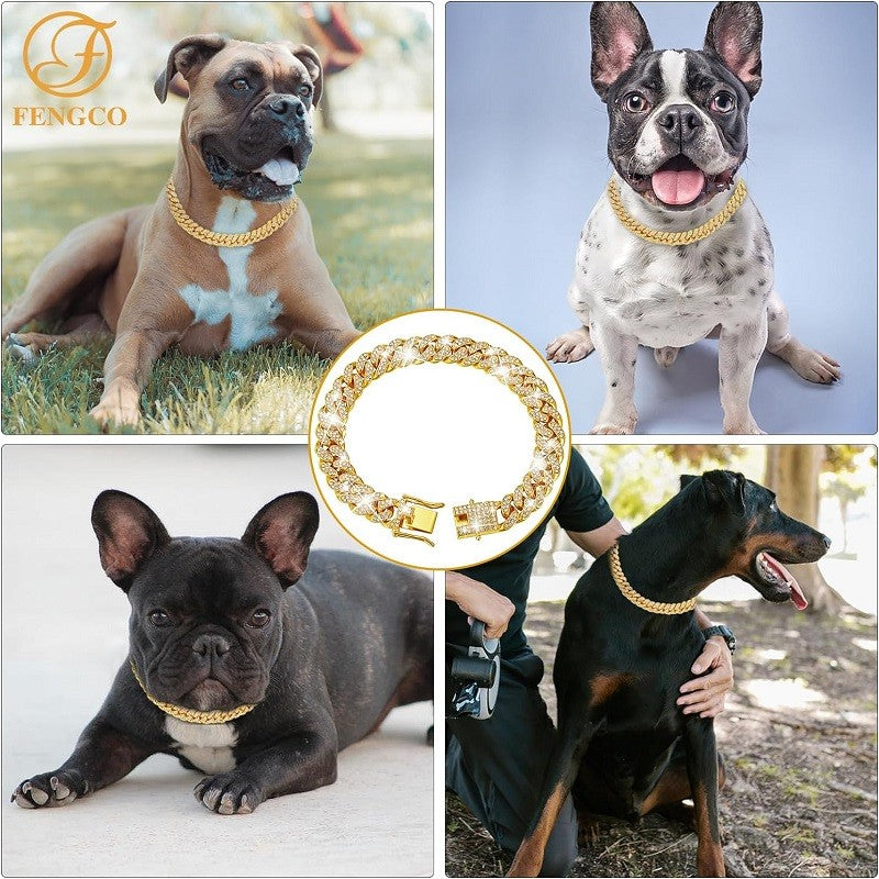 Coleira de corrente de cachorro de luxo dourada para animais de estimação, coleira de metal para cães pequenos, médios e grandes, gatos, joias e acessórios para animais de estimação
