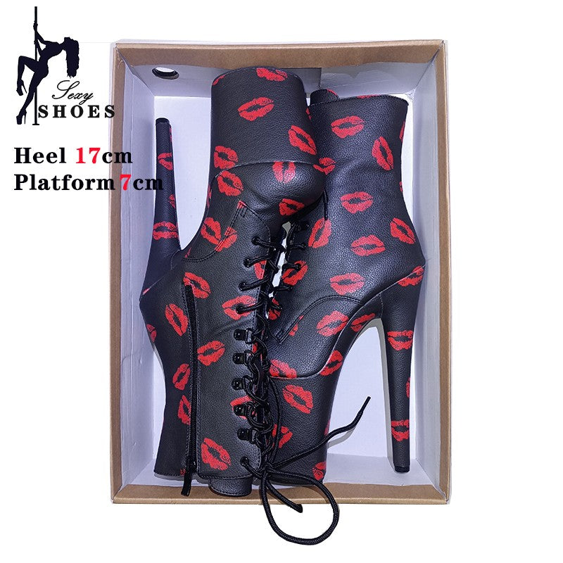 17cm 20cm Sexy Women Ankle Boots Zip Up Platform Red lip Print Block High Heels Peep Toe Short Boots Ladies Girls Party Shoes