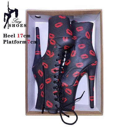 17cm 20cm Sexy Women Ankle Boots Zip Up Platform Red lip Print Block High Heels Peep Toe Short Boots Ladies Girls Party Shoes
