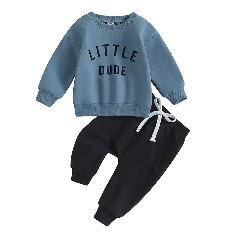 Roupas de Outono Inverno para Bebês Meninos, Conjunto de 2 Peças de Moletom de Manga Comprida com Estampa de Letra "Little Dude" e Calças