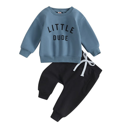 Roupas de Outono Inverno para Bebês Meninos, Conjunto de 2 Peças de Moletom de Manga Comprida com Estampa de Letra "Little Dude" e Calças