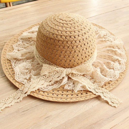 Women Lace Sun Hats For  Wide Brim Straw Beach Side Cap Floppy Female Straw Hat Lace Solid Fringe Straw Hat Summer Hat Chapeu