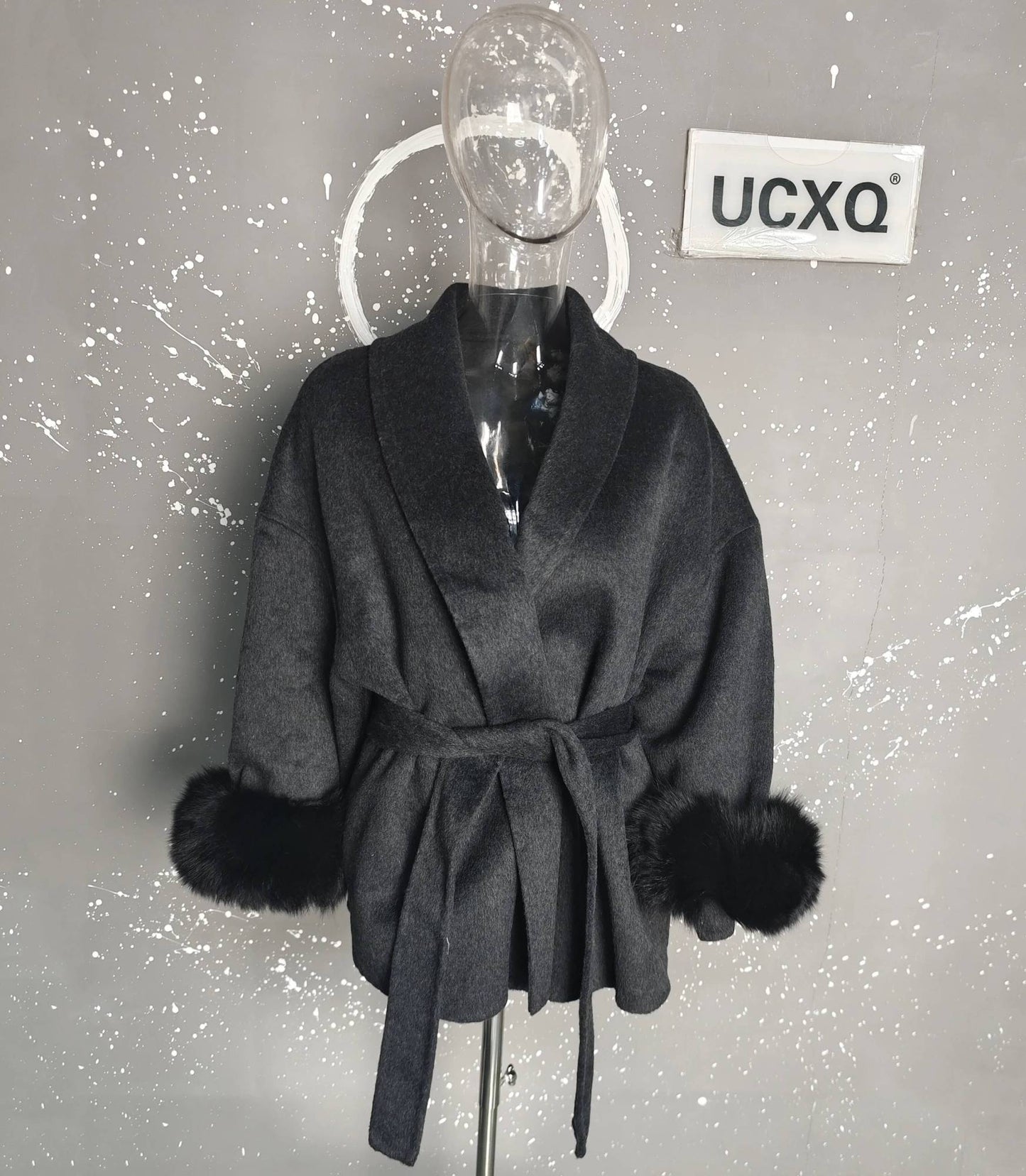 UCXQ Casaco Feminino Elegante OL para Escritório com Retalhos de Pelo Manga Comprida Lã Jaqueta de Roupa Feminina Bonita Outono Inverno 2025