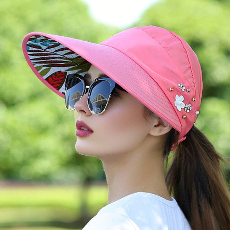 M-2Sun Hat Summer Shade hHt For Women Foldable Sun Protection Beach Large Brimmed Hat UV Protection Cycling Empty Top
