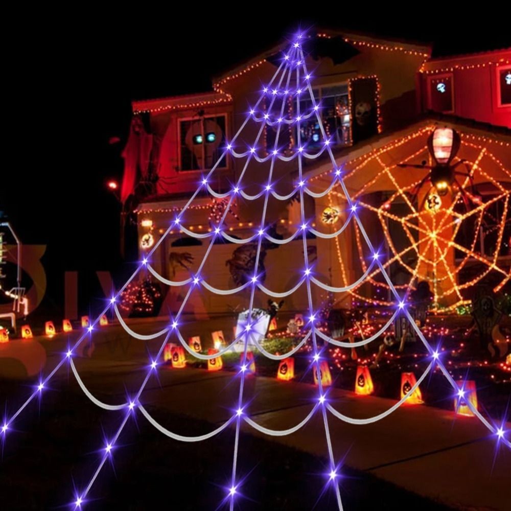 8 Modes Halloween Spider Web Lights Glow Waterproof LED Spider Net Triangle Hanging Scary Giant Spider Party