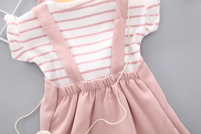 2pcs Cute Toddler Baby Girl T-shirt+Suspender Shorts Outing Clothes New Fashion Bay Sets Suits (No Shoes No Bag)