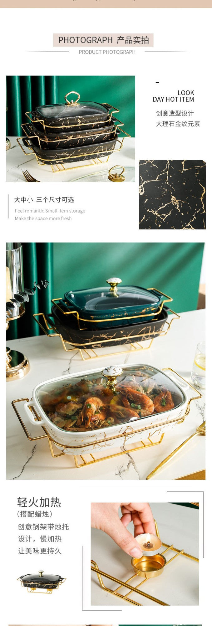 Caçarola retangular de cerâmica em forma de ânfora, para mesa de casa, com suporte criativo para aquecimento leve de sopa e vela.