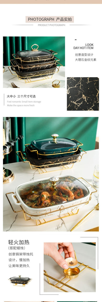 Caçarola retangular de cerâmica em forma de ânfora, para mesa de casa, com suporte criativo para aquecimento leve de sopa e vela.