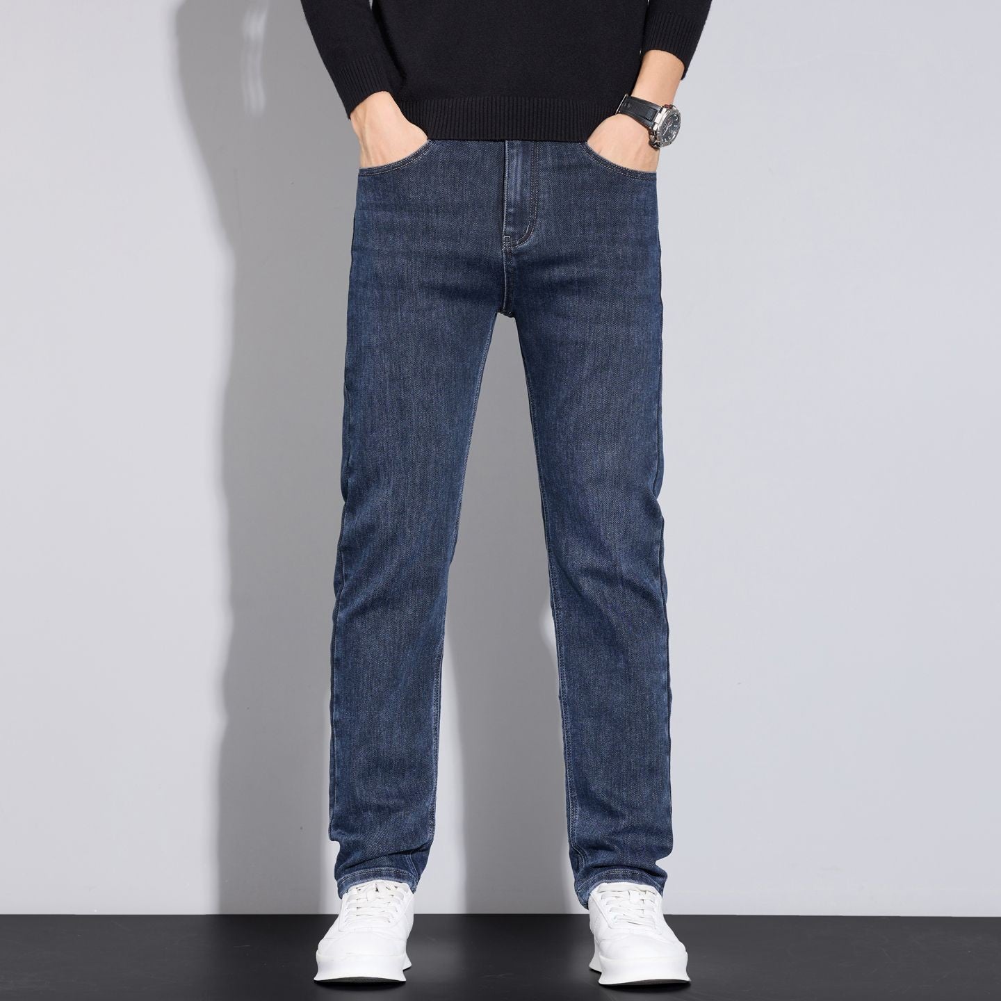 2025 Primavera Outono Novas Calças Jeans Masculinas Casuais Retas Elásticas Moda Clássica Azul Preta Calças Jeans de Trabalho Marca de Roupas Masculinas