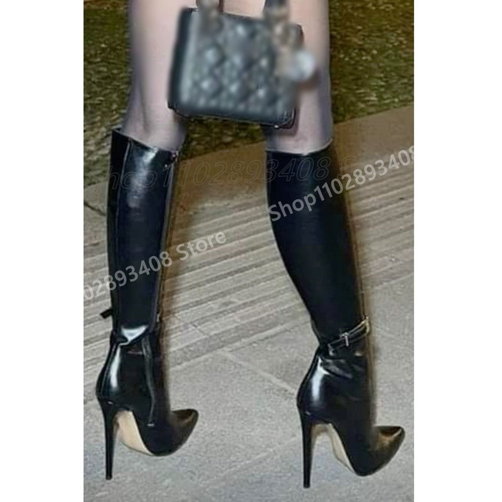 Black Ankle Buckle Strap Mid Calf Boots Pointed Toe Matte Leather Stiletto High Heel Women Shoes 2025 Sexy Zapatos Para Mujere