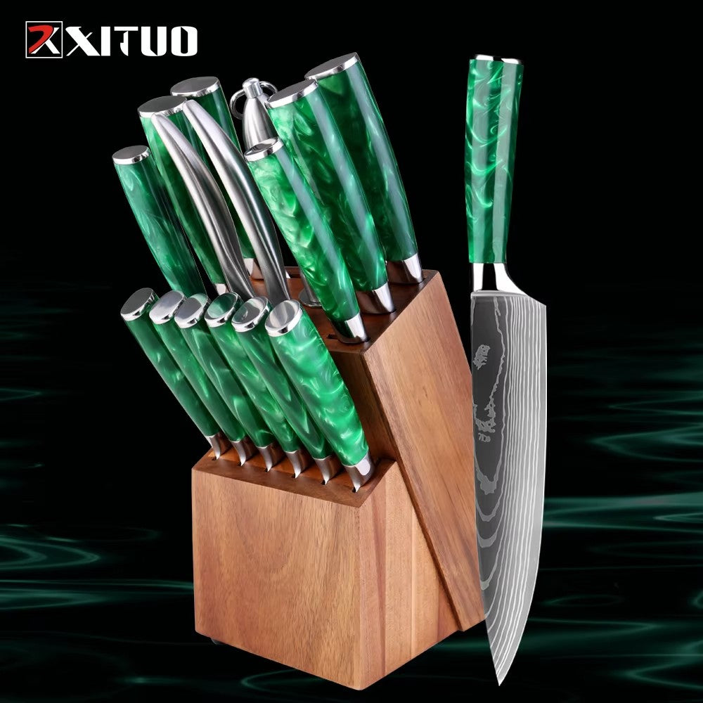 Conjunto de Facas de Cozinha, Conjunto de 15 Facas com Bloco de Madeira, Faca com Padrão Damasco a Laser em Aço de Alto Carbono Japonês com Facas de Bife