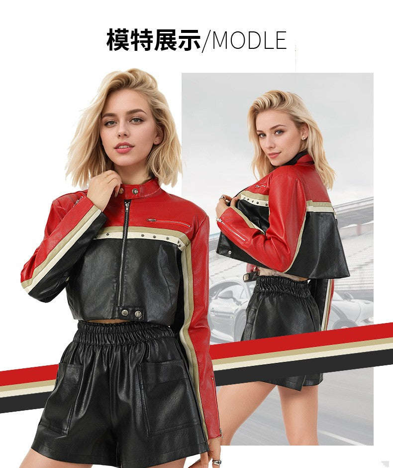 New Fall Women's Red Long-Sleeve Faux Leather Jacket, Short-Length Fashionable Biker PU Coat.