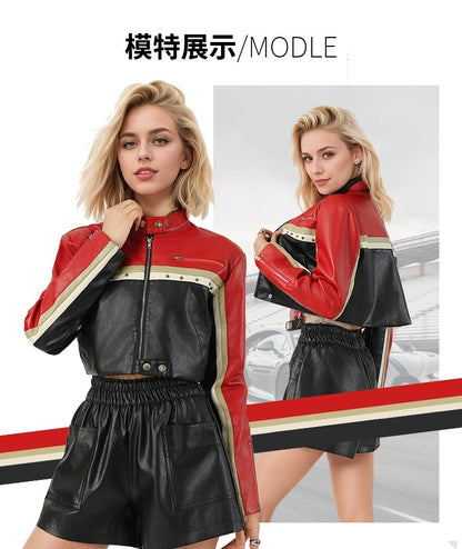 New Fall Women's Red Long-Sleeve Faux Leather Jacket, Short-Length Fashionable Biker PU Coat.